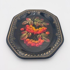 Painted Metal Mini Tray Folk Art Toleware Style Black w/ Red Orange Berries