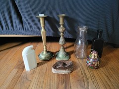 Group LOT ANTIQUES COLLECTIBLES BRASS Old Glass Bottles Adv. Mid-Century 1800’s