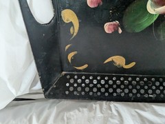 Old Vintage Hand Painted Tole Tray Floral Tin Roses Metal Shabby Farmhouse Black