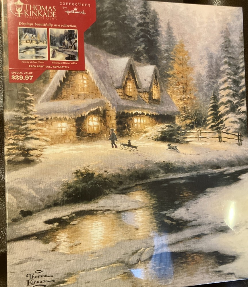 Thomas Kinkade Family at Deer Creek Canvas Picture 14″ x 12″ Winter Scene NEW