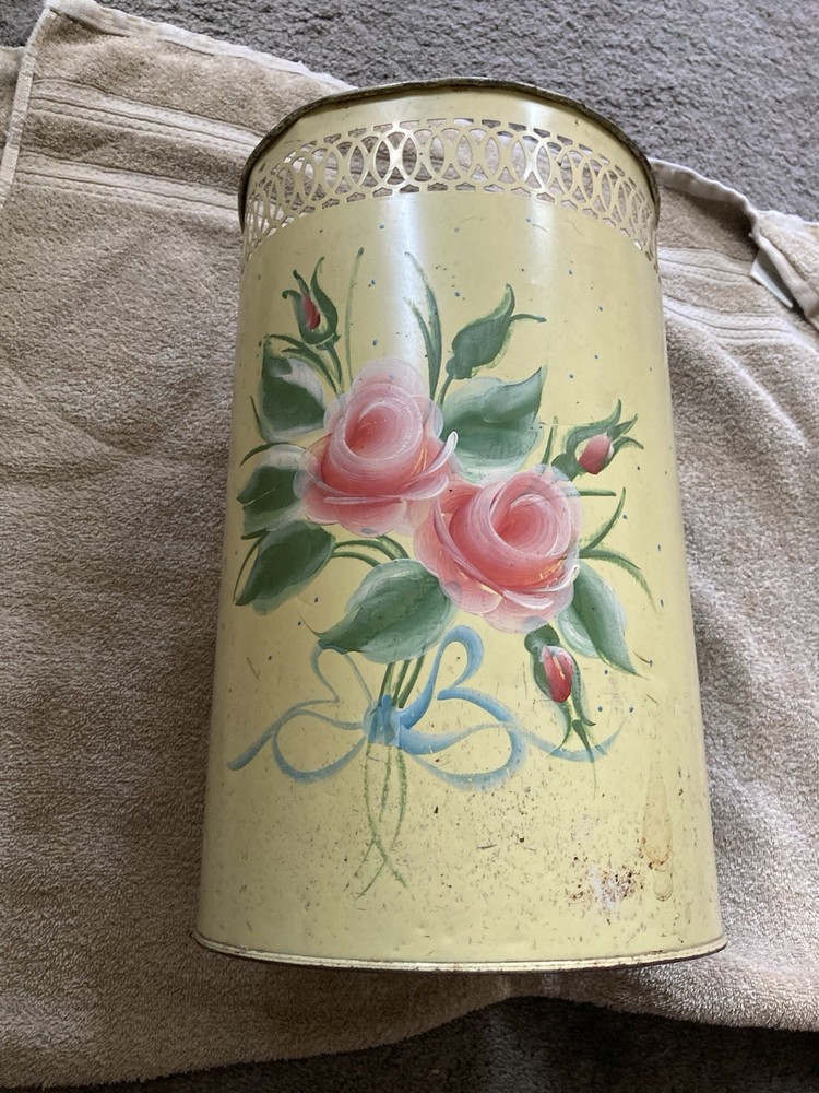 Vintage Toleware Metal Wastebasket W/Handpainted Pink Rose Motif