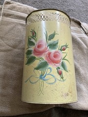 Vintage Toleware Metal Wastebasket W/Handpainted Pink Rose Motif
