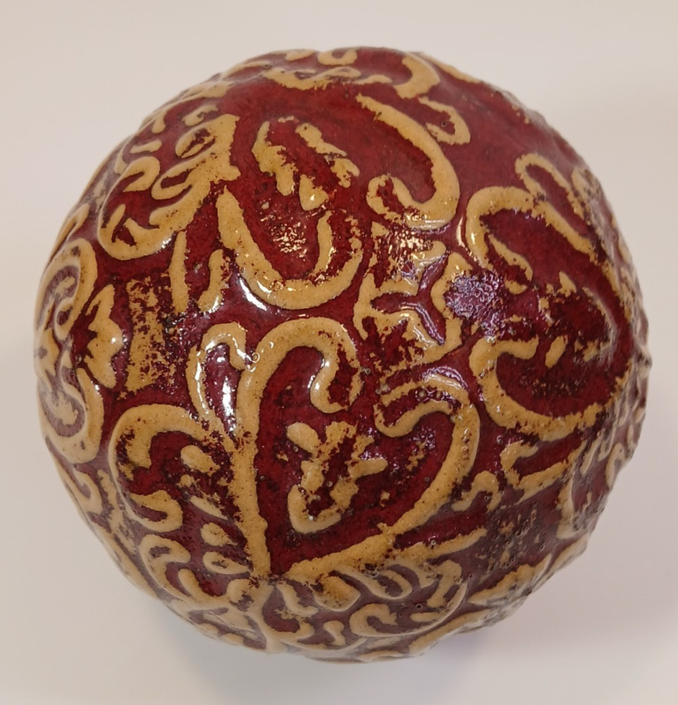 Vintage Burgundy Red Gold Ceramic Decorative Orb Sphere Scroll Pattern