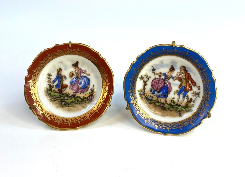 Limoges France Miniature Porcelain Decorative Plates Lot of 2 -Gold Trim & Stand