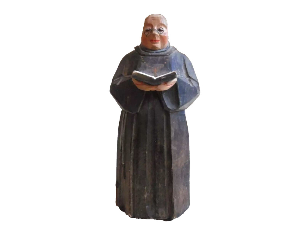 Vintage Swiss Black Forest Hand Carved Wood Monk Reading with Wire Glasses 5″