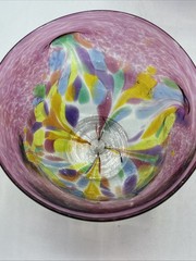 2 Vtg Kitras Art Glass Hand Blown Bowl with Pedestal Decor Multi Colour Signed