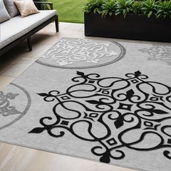 5′ X 8′ Gray Black And White Floral Medallion Washable Rug