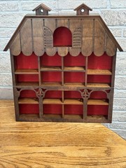 Vintage Wall Or Table Wooden House Shaped Shadowbox W/Red Backing 7 Items Total