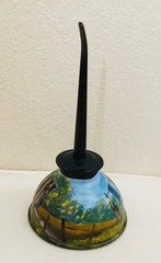 Vintage ~ Hand Painted ~ Thumb Pump Oil Can ~ Backyard Scene ~ 6.5″ ~ `NWT