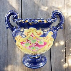 Antique Fine Porcelain Vase Vessel Footed Dish Bowl W Handles Decorated Ceramic
