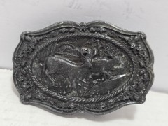 Vintage 1985 Bergamot Brass Works W-150 Deer Stag Hunting Scene Belt Buckle USA