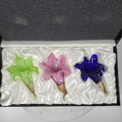 Vtg Murano 3pcs Crystal Flower Cork Stopper Pink Blue Green Hand Blown Art Glass