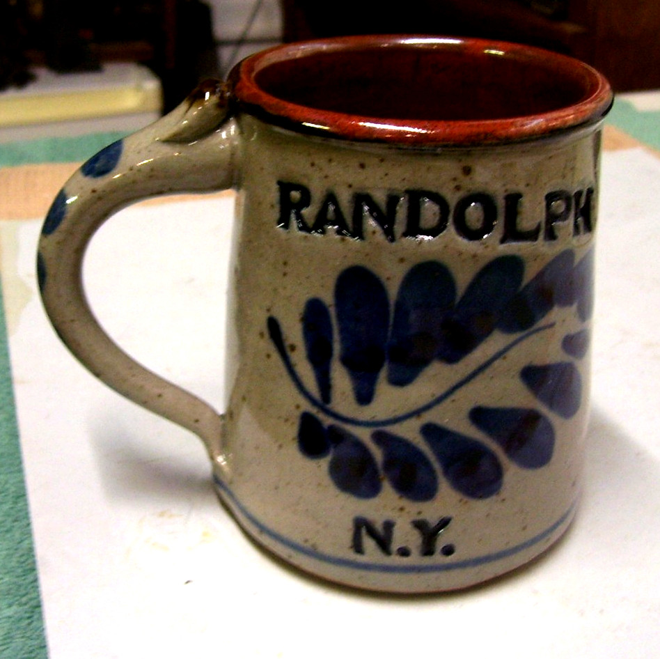 RANDOLPH, NY, BLUE AND GRAY STONEWARE COFFEE MUG, NEW YORK, SIGNED
