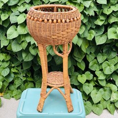 Vintage Wicker Plant Stand With Basket Top Lower Shelf Bead Accents 27″ MCM Boho