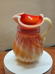 1940 Akro Agate Slag Glass Pitcher Orange Red Creamy White Swirl UV Glow