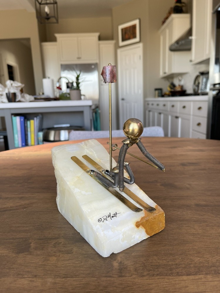 Vintage John DeMott Signed Metal Downhill Skier Sculpture Quartz Base 8.5” Tall