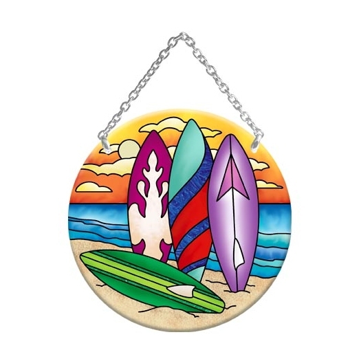 Joan Baker Designs COLORFUL SURFBOARDS Painted Glass Medium Circle Suncatcher TC