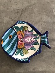 Hand Painted Pottery Fish Greece Blue Artsy Decor Nautical Coastal Trinket Dish