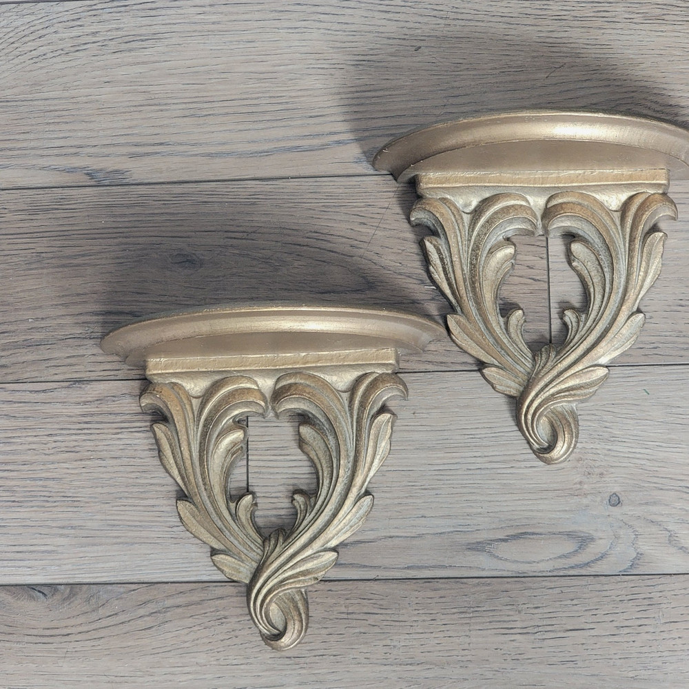 VTG Gold Sconces Wood French Style Heavy Plates Candles Decorative Items Indoor