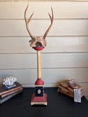 Baroque Curiosity Cabinet Vintage Trophy Antlers W Gilded Column & Specimen Gems
