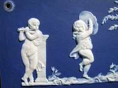 WEDGWOOD LIKE RARE DARK BLUE DIP PLAQUE OF CUPIDS & BOY TAMBORINE, GIRL TRIANGLE