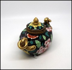 Aladin France Porcelain Art Deco Inkwell Chinoiserie Bird Floral Gilt Hinged Lid