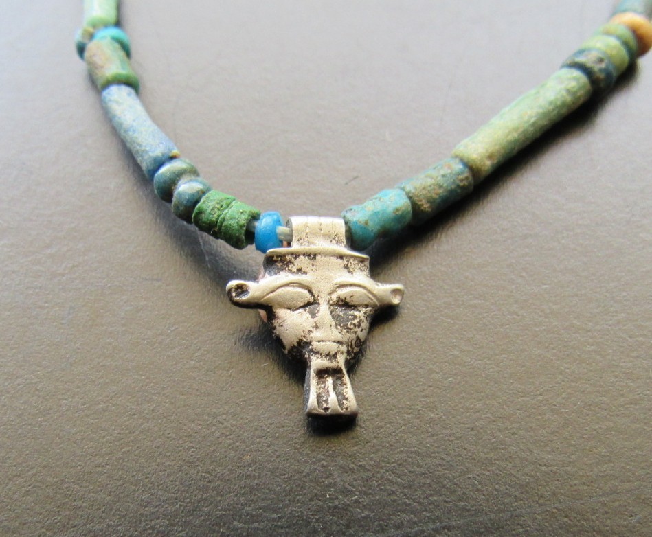 NILE Ancient Egyptian Silver Hathor Amulet Mummy Bead Necklace ca 1000 BC