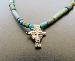 NILE Ancient Egyptian Silver Hathor Amulet Mummy Bead Necklace ca 1000 BC