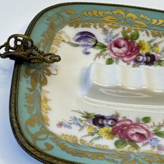 Antique Limoges Porcelain Ashtray w Gilt Bronze Floral France 4.5” Square