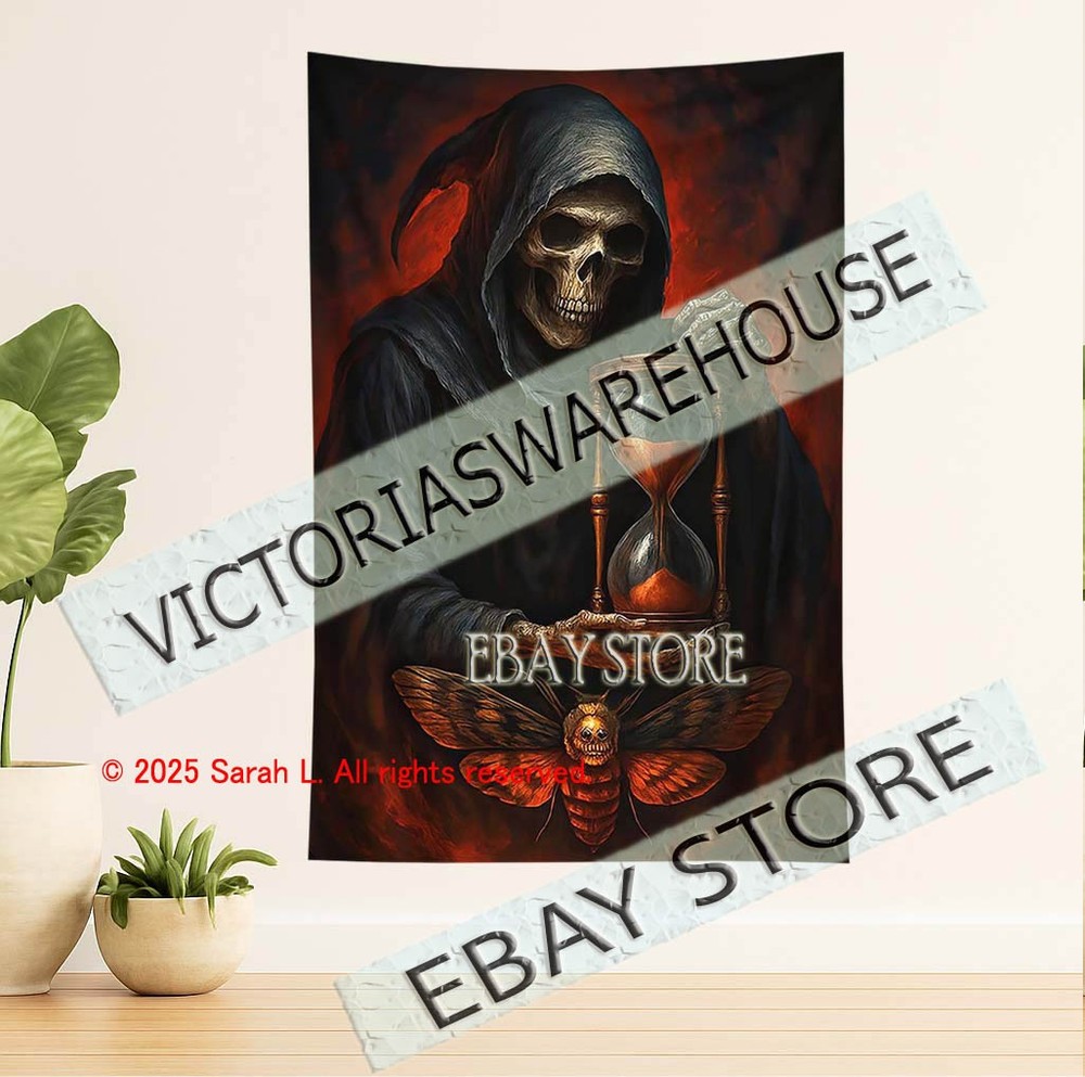 Grim reaper hourglass tapestry dark fate gothic symbolism 39X59 in
