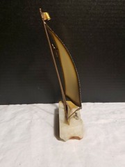 John Demott Signed Single Sail Brass Sailboat Mounted Onyx Stone w/ Seagull VTG