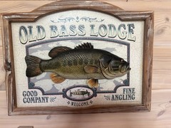 Large Old Bass Lodge 3D Wooden Fish Framed Sign Vintage. 22×17 By John Q Wright.