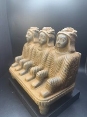 Rare Bactrian Sandstone Sculpture – Seated Trio – Ancient Central Asian Artifact