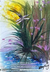 Original Watercolor ACEO Painting by Mary King – Dragonfly at the Pond