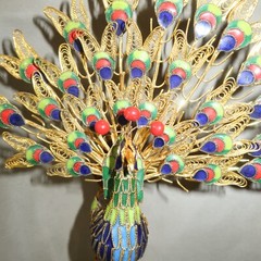 VINTAGE Cloisonne Enamel Peacock Gold Filigree Sculpture Carved Green Stone Base