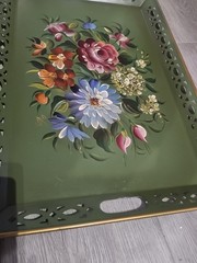 Large Vintage Hand Painted Toleware Tray Black Reticulated Floral Signed 50s 60s