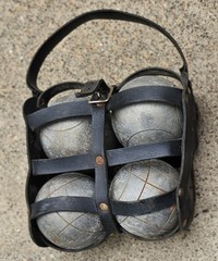 Vtg Steel Boules/Bocce Petanque Set | Black Strap Carrier | French Garden Decor