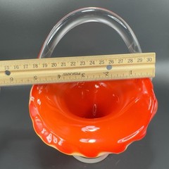 Vintage 1980s Venetian Art Glass Basket Bowl With Handle Red White Art Glass VTG