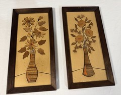 VTG Inlay Wall Art Decor Pair of Floral Panels Flower Vase MCM