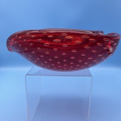 MCM Murano Ruby Red Bullicante Art Glass Controlled Bubble Ashtray Dish Bowl