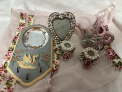 Vintage Shabby Chic Cottage Decor Lot Dresden Roses Swan Mirror Heart
