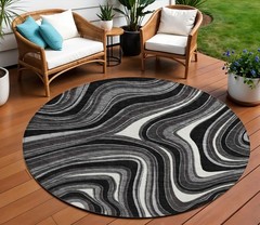8′ Black Gray And White Round Abstract Washable Rug