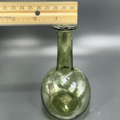 Green Hand Blown Art Glass Vase Bottle With Optic Swirl Hand Made Glassware VTG