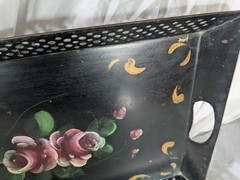 Old Vintage Hand Painted Tole Tray Floral Tin Roses Metal Shabby Farmhouse Black