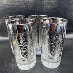 Vintage Kimiko Signed Silver Rimmed Knight Shield Highball Glasses Tumblers Set4