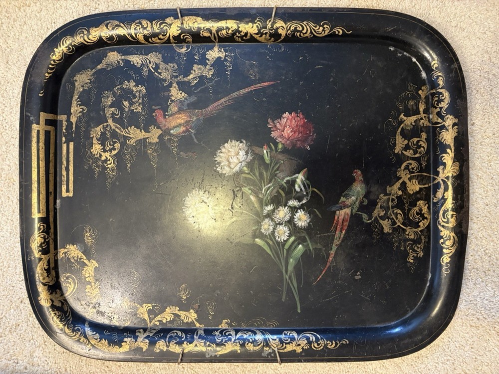 Vintage Black Toleware Metal Tray Gold Gilt Birds Floral Rectangular