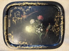 Vintage Black Toleware Metal Tray Gold Gilt Birds Floral Rectangular