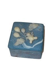 Vintage ❤️ Trinket Jewelry Box Incolay Square Teddy Bear Balloons Blue #1 Fun