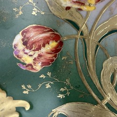 GDA Antique France Porcelain Limoges Hand Painted Tulips Green Gold Art Nouveau