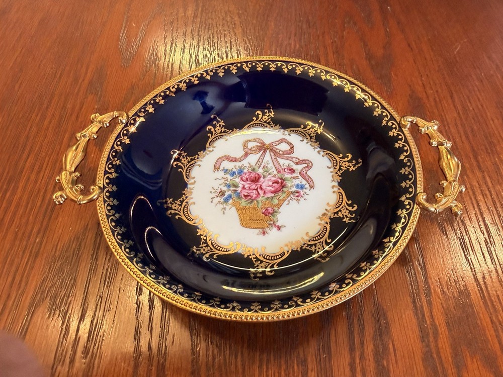 Rare Limoges Castel Bowl Tray with Handles, Trimmed in 22k Gold, Made in France